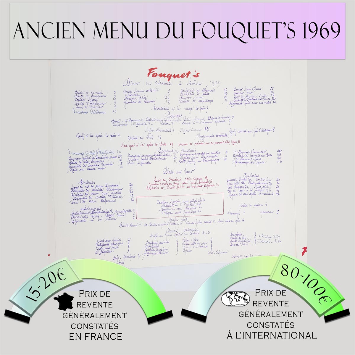 Ancien Menu du Fouquet's 1969 Prix de vente en France entre 15€ et 20€ Prix de vente à l'international entre 80€ et 100€