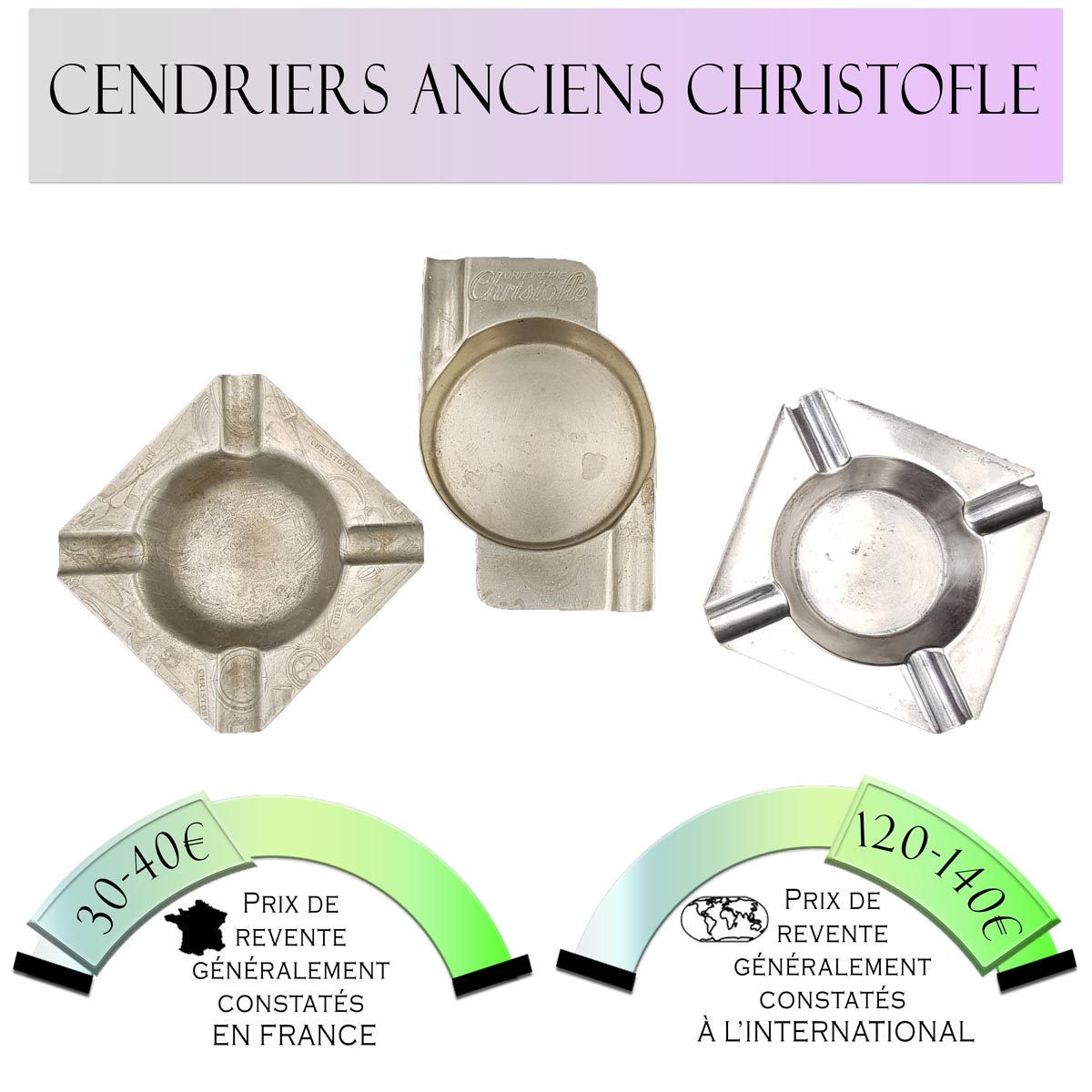 3 anciens cendriers Christofle Prix de vente en France entre 30€ et 40€ Prix de vente à l'international entre 120€ et 140€