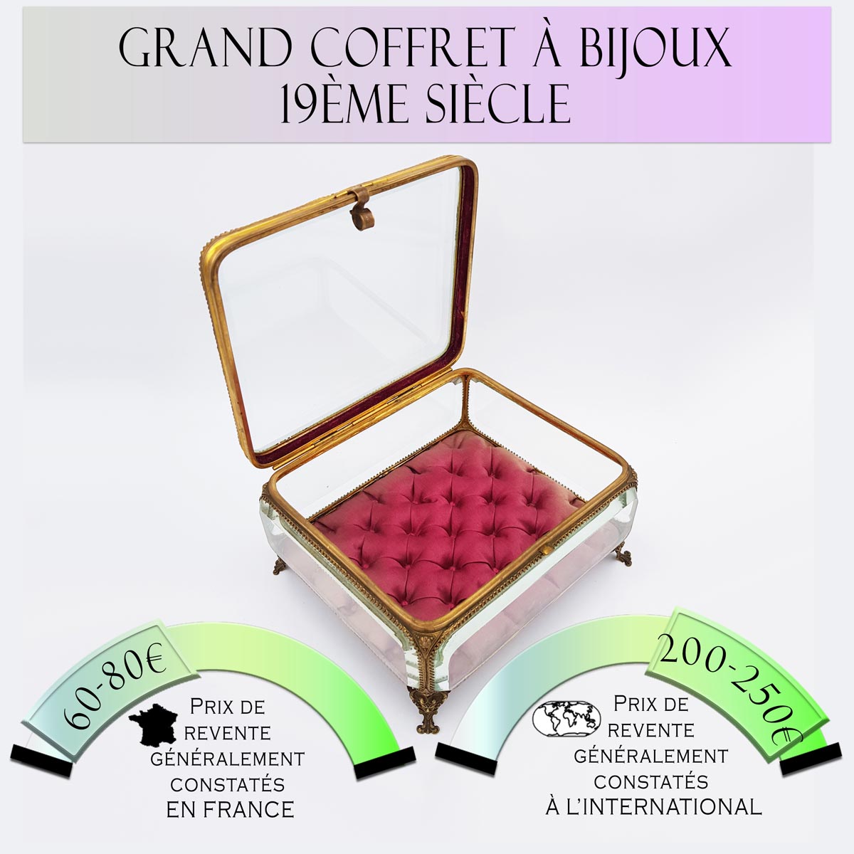 Grand coffret à bijoux ancien en verre Intérieur capitonné Prix de vente en France Prix de vente en France entre 60€ et 80€ Prix de vente à l'international entre 200€ à 250€