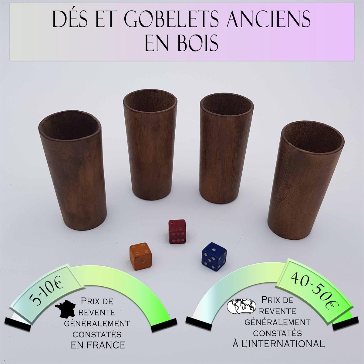 3 dés et 4 gobelets lanceurs de dés anciens en bois Prix de vente en France entre 5€ et 10€ Prix de vente à l'international entre 40€ et 50€