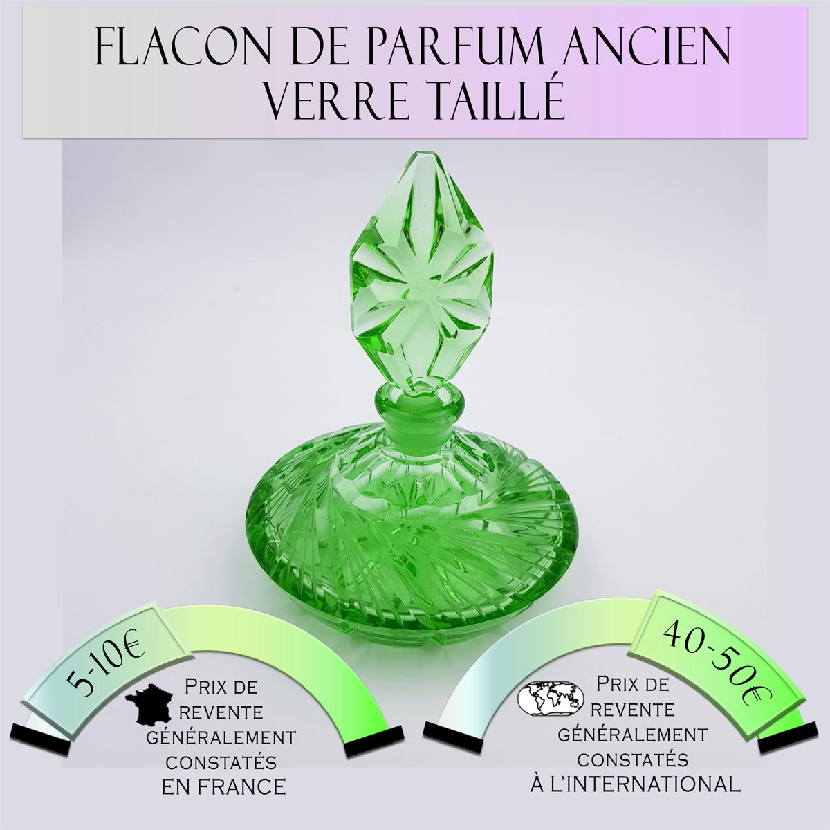 Flacon de parfum vintage en verre taillé Prix de vente en France entre 5€ et 10€ Prix de vente à l'international entre 40€ à 50€