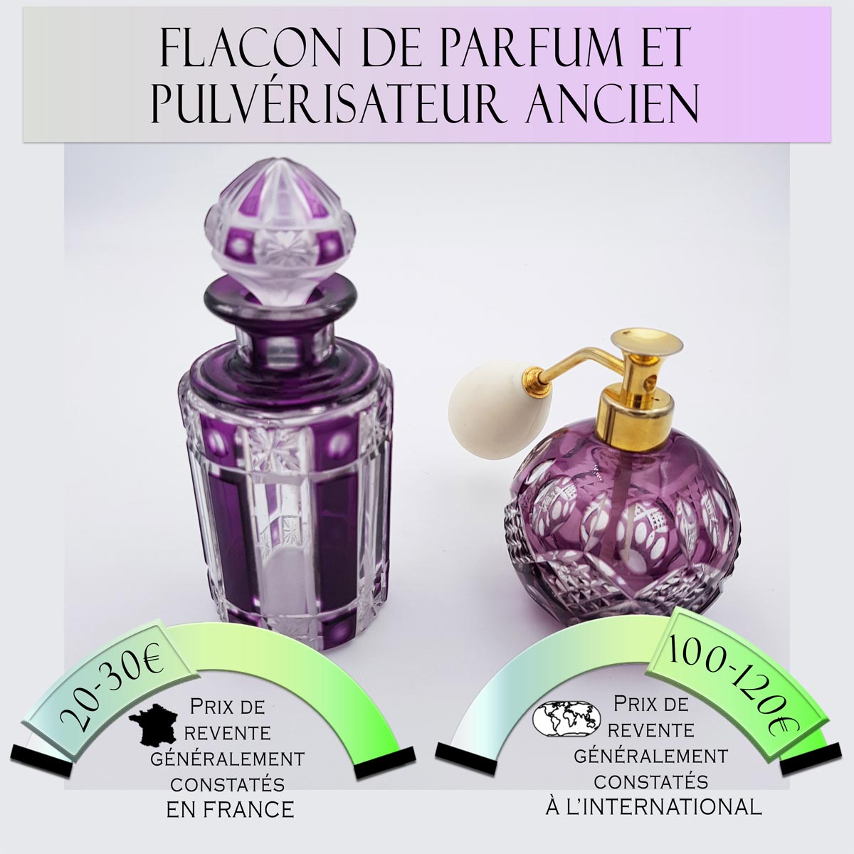 Flacon et pulvérisateur de parfum anciens Prix de vente en France entre 20€ et 30€ Prix de vente à l'international entre 100€ et 120€