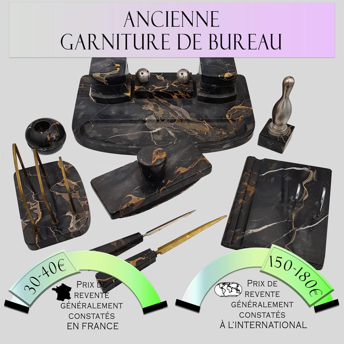 Garniture de bureau ancienne Prix de vente en France entre 30€ et 40€ Prix de vente à l'international entre 150€ et 180€