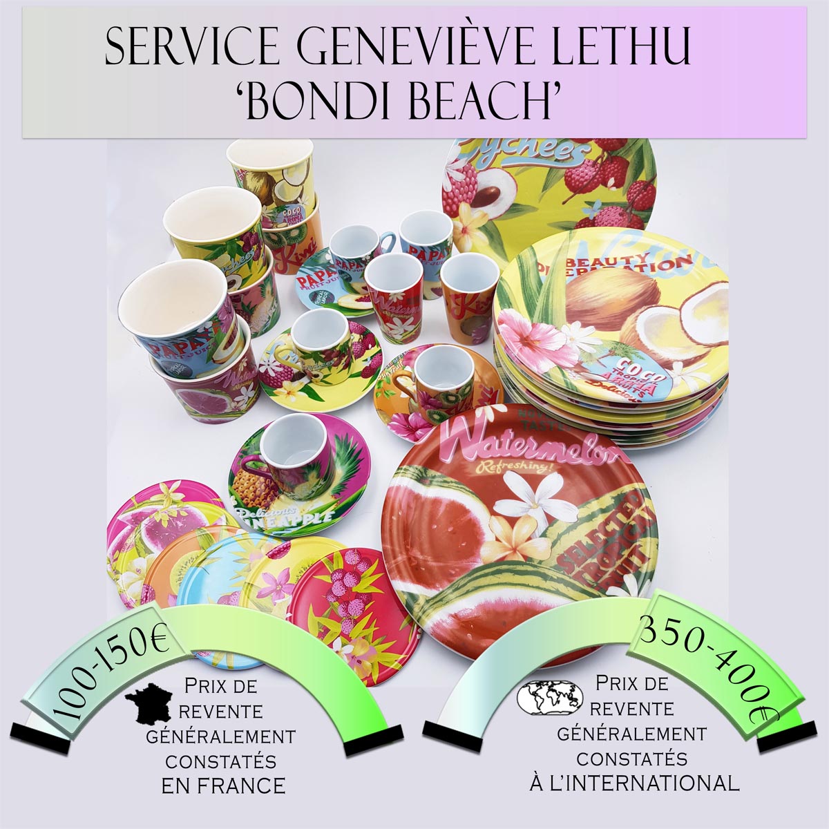 Geneviève Lethu Service de table "Bondi Beach" Prix de vente en France entre 100€ et 150€ Prix de vente à l'international entre 350€ et 400€