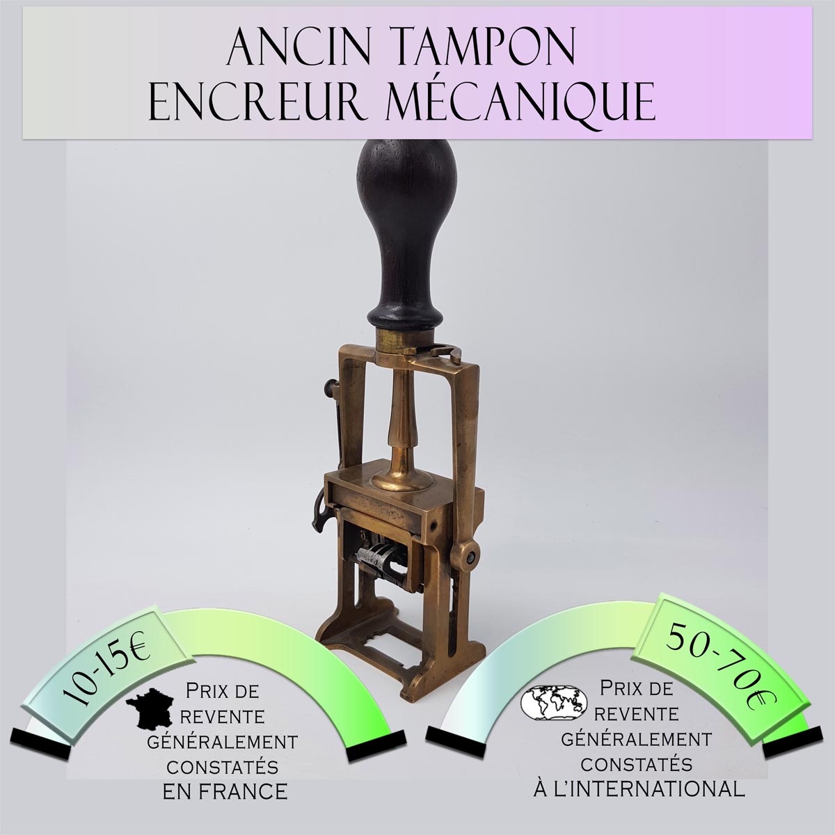 Grand tampon encreur mécanique ancien Prix de vente en France entre 10€ et 15€ Prix de vente à l'international entre 50€ et 70€
