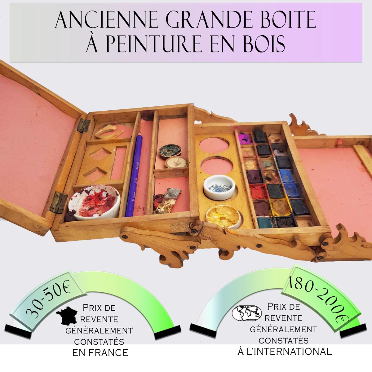 Boite à peinture ancienne en bois avec compartiments Prix de vente en France entre 30€ et 50€ Prix de vente à l'international entre 180€ et 200€