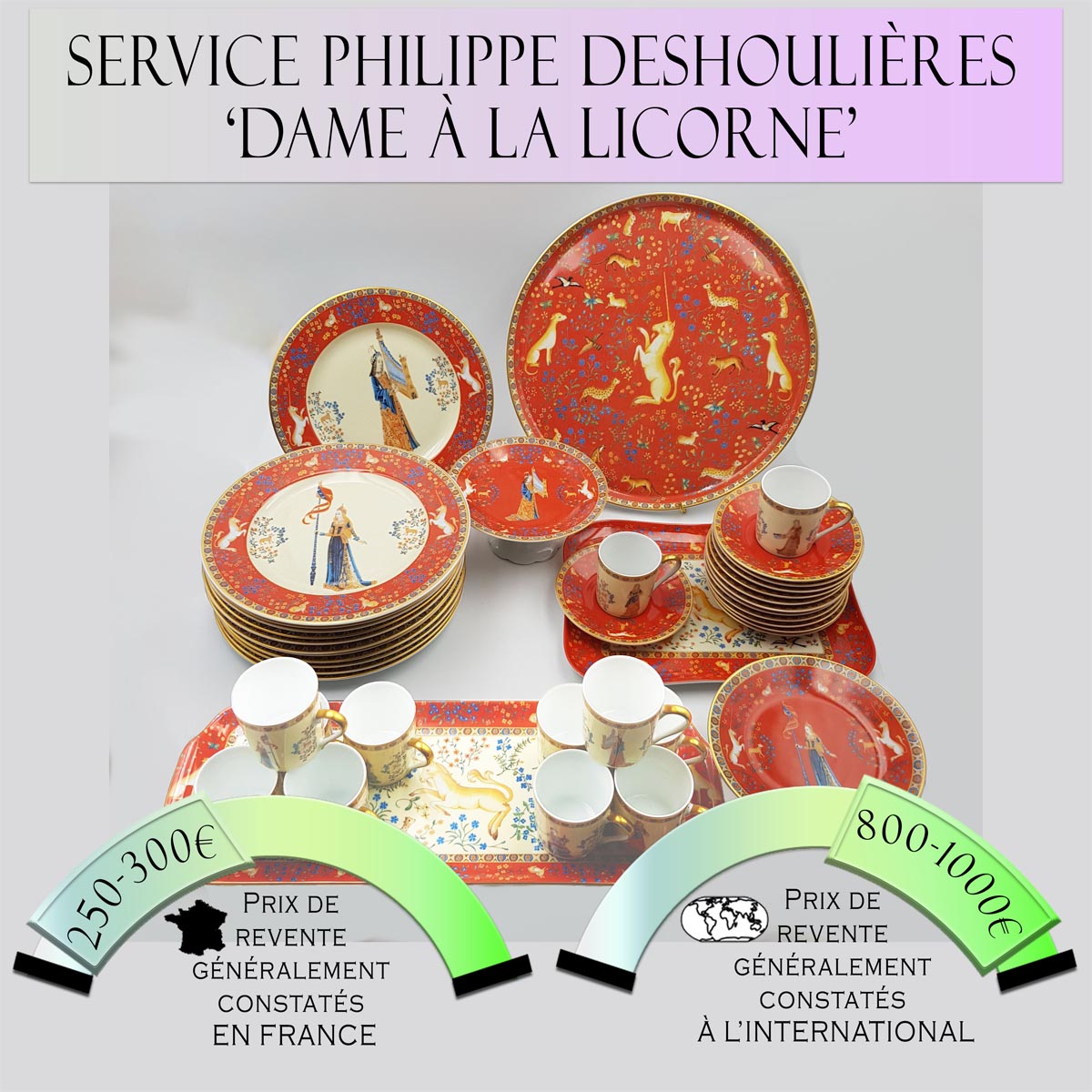 Philippe Deshoulières Service "Dame à la licorne" Prix de vente en France entre 250€ et 300€ Prix de vente à l'international entre 800€ et 1000€