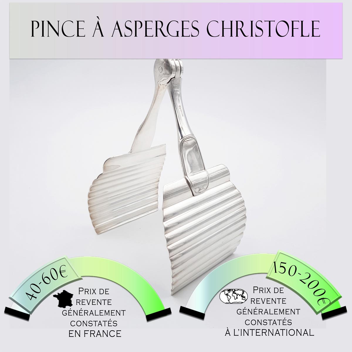 Pince à asperges Christofle métal argenté Prix de vente en France entre 40€ et 60€ Prix de vente à l'international entre 150€ et 200€