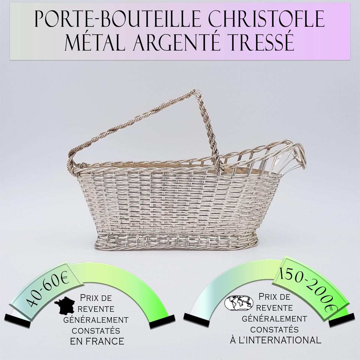 Porte-bouteille Christofle métal argenté tressé Prix de vente en France entre 40€ et 60€ Prix de vente à l'international entre 150€ et 200€